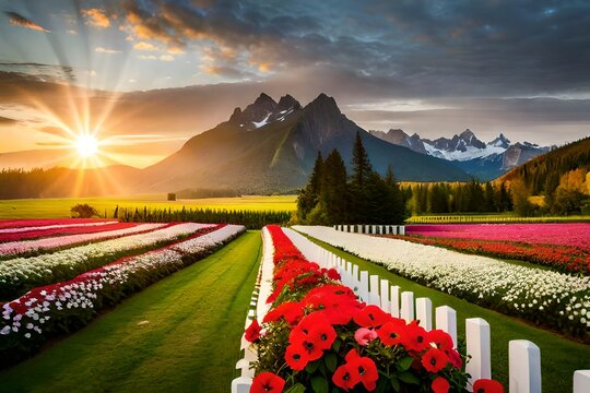 landscape with flowers and mountains .