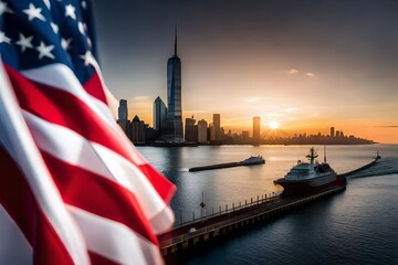 city skyline at dusk with American Flag . 