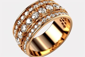 Wedding ring with gold and diamonds, transparent background. Generative AI