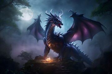 A majestic dragon guarding a hidden treasure hoard in a misty forest - obrazy, fototapety, plakaty
