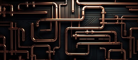 Steampunk copper pipe maze on black wall - obrazy, fototapety, plakaty