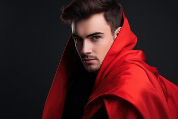 Handsome Man in Red Cape on a Black Background - obrazy, fototapety, plakaty