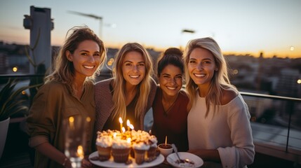 Group of friends celebrating a birthday at a rooftop