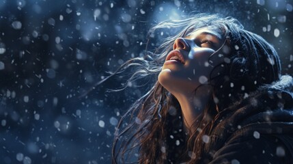 girl and falling snow. - obrazy, fototapety, plakaty