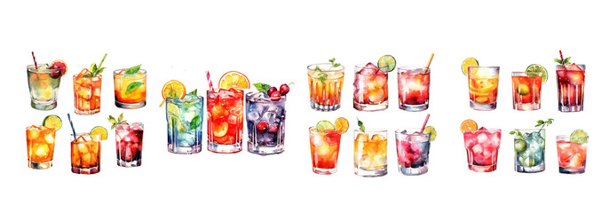 Watercolor cocktail drinks set on white background. Watercolor painting daily routine objects. Hand drawn colorful Sublimation design,white background