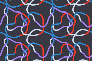 Seamless pattern of colorful abstract squiggles print, scribble spiral and wavy lines. Chaotic ink brush deformed circles