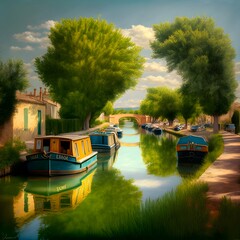 canal du midi Agde and barges photo realistique summer nice colours very detailed  - obrazy, fototapety, plakaty