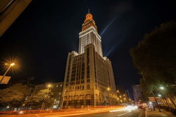 Fototapeta na wymiar nighttime view of iconic tower. Generative AI