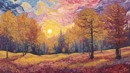 oil painting: forest and sunlight, In the style of Vincent Van Gogh. Generative AI.