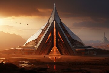 Illustration of a futuristic temple in a desert. Generative AI