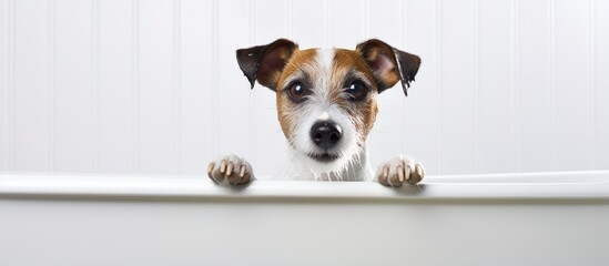 Jack Russell terrier getting a bath in a tub - obrazy, fototapety, plakaty