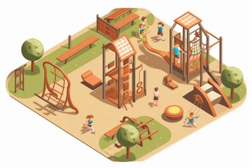 Isometric play area with carousel, swings, basketball, sandbox, climbers, picnic tables, and seating. Generative AI
