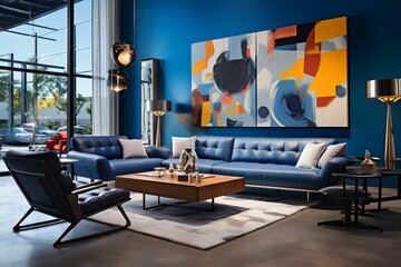 Modern blue living space with trendy furniture, elegant accents, and art display. Generative AI