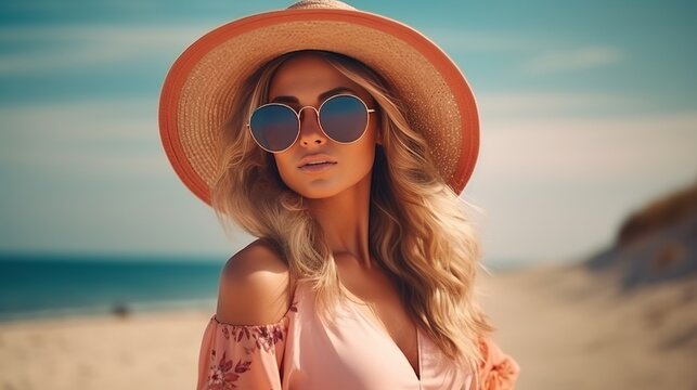 Stylish outdoor image of a young, attractive woman wearing a hat and sunglasses. Summer beach vacations. Summery mood