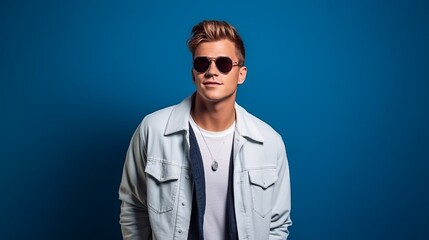 Portrait of a handsome, happy, stylish, and gay model. Man wearing jeans and a jacket. Fashionable man posing in sunglasses in front of a blue wall in a studio