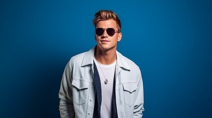 Obraz premium Portrait of a handsome, happy, stylish, and gay model. Man wearing jeans and a jacket. Fashionable man posing in sunglasses in front of a blue wall in a studio