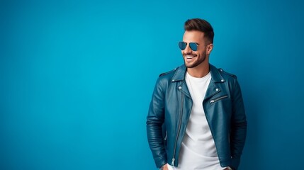 Fototapeta premium Portrait of a handsome, happy, stylish, and gay model. Man wearing jeans and a jacket. Fashionable man posing in sunglasses in front of a blue wall in a studio