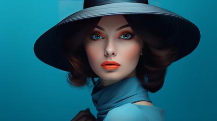 On a blue background, a fashionable girl is depicted in a portrait wearing a hat.