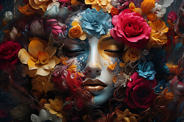 Fototapeta Picture made with generative AI of surreal mysterious creature goddess with flowers wreath obraz