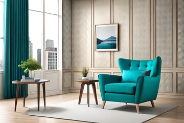 Modern aqua teal wingback armchair with pillow, wing armrests, wooden feet, and white backdrop, part of a turquoise sofa set for interior decor.