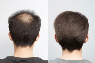 Zelfklevend Fotobehang Generative AI collage two photos comparison before after anti hair loss procedure hair treatment © deagreez