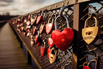 Padlock in shape of a heart on a fence among many other padlocks. Valentines Day, love and relationship concept. Generative Ai