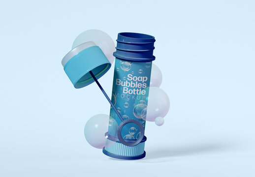 Floating Open Soap Bubble Bottle with Bubbles Mockup