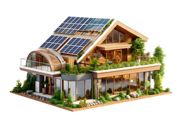 3D modern house with sun panels energy on the roof, Innovation sustainable green building Eco-friendly creative idea concept design, isolated on white and transparent background, ai generate