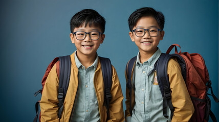 Close-up portrait of an asian boys with backpack and glasses, smiling and happy, against a school blue background. Back to school concept generative ai
