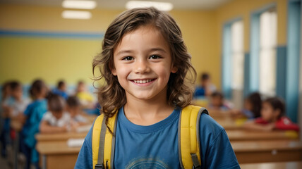 Close-up portrait of a boy with backpack, smiling and happy, against a school yellow background. Back to school concept generative ai