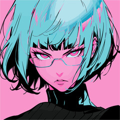 Short haired woman in pop art anime style. Vector illustration for poster, cover, t-shirt print.