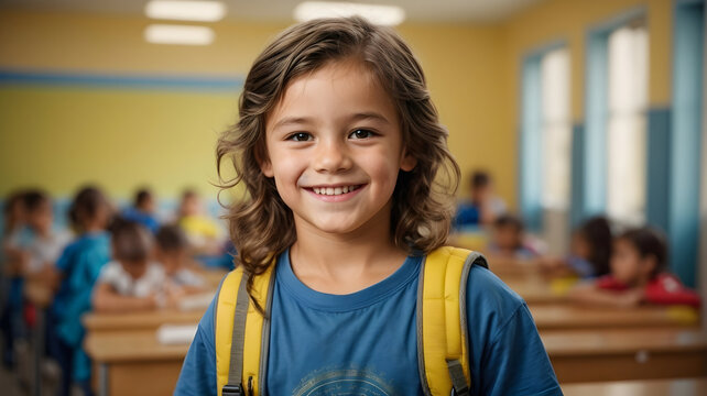 Close-up portrait of a boy with backpack, smiling and happy, against a school yellow background. Back to school concept generative ai