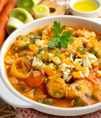 Hake stew with potatoes, leeks and other seasonal vegetables.