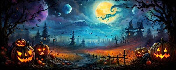 Surrealistyczne tło na Święto Zmarłych Halloween. Straszny Cmentarz  - obrazy, fototapety, plakaty