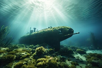 Robot submarine diving into underwater background.