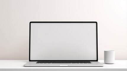 Minimal modern white empty room laptop device blank screen on table mockup, ai generated