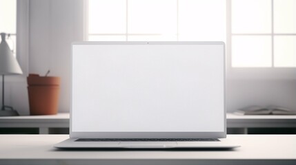 Minimal modern white room laptop device blank screen mockup, ai generated