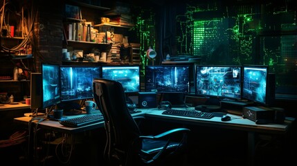 Hacker dark room full of monitors and a office chair, ai generated