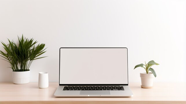 Minimal modern room with plants laptop device blank screen on table mockup, ai generated