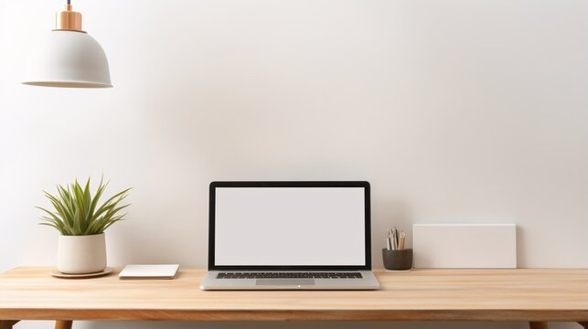Minimal modern room with interior laptop device blank screen on table mockup, ai generated