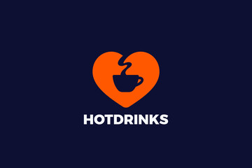 Hot Drinks Coffee Tea Cup in Heart Logo Vector Cafe Bar Negative space style.
