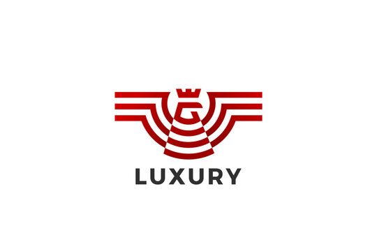 Falcon Logo Wings Geometric Heraldic Luxury Design Vector template. Falcon Hawk Bird with Crown Linear Outline Golden Logotype icon.