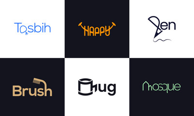 Letter mark logo design. Modern, Monogram, Wordmark, Creative and Business branding logo. Tasbih, happy, pen, brush, mug, mosque