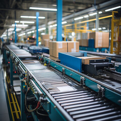 Box in the industrial production process in conveyor belt line, factory process, coveyor line, background are factory