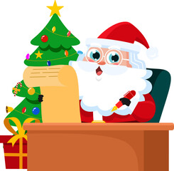 Santa Claus Cartoon Character Checking His Paper Scroll List. Vector Illustration Flat Design Isolated On Transparent Background