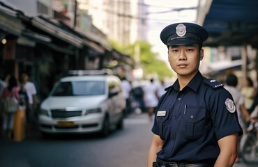 Young Asian man working as police officer or cop, closeup portrait, blurred city background. Generative AI