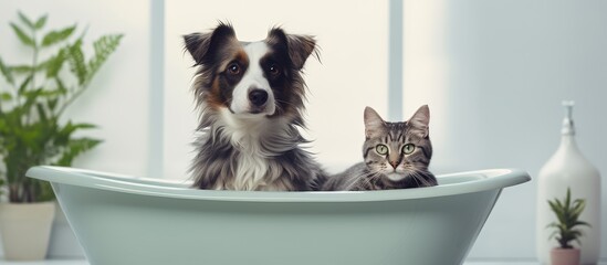 Gray cat and dog sit together in a fancy tub in a posh bathroom - obrazy, fototapety, plakaty