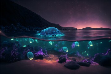 a pitch black sea with a few bioluminescent jellyfish in the distance cinematic shot far out shot bioluminescence neon jellyfish vibrant colors pitch black sea insanely detailed and intricate hyper  - obrazy, fototapety, plakaty
