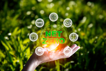net zero concept. Hand holding with net zero icon on blur green leaf. carbon neutral and green natural background  on with clean energy icon around it. Carbon gas affects global warming..