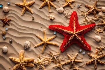 Fototapeta na wymiar decoration on beach with starfishes background.